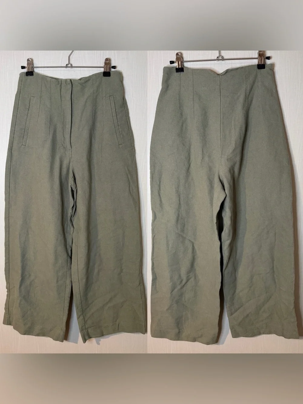 Zara Green Linen Wide Leg Cropped Paper Bag Waist Pants Small